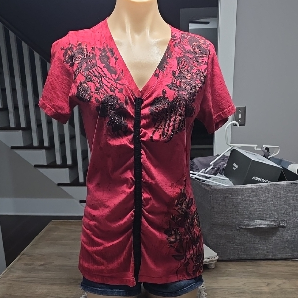Affliction Red Graphic Ruched Blouse
